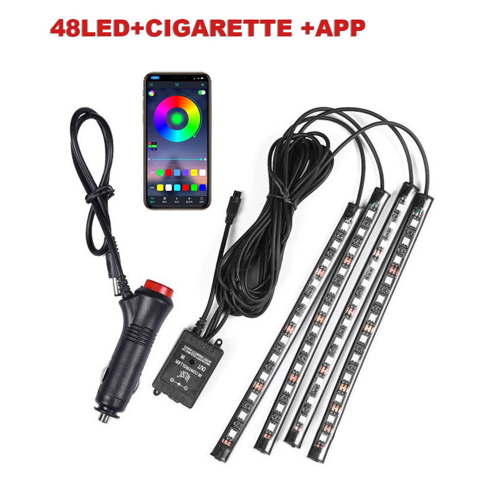 FanzyMarket 72-LED RGB car interior footwell ambient light strip with remote, app, voice control, USB and cigarette lighter power.