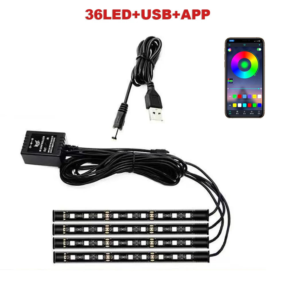 FanzyMarket 72 LED RGB car interior footwell ambient light strip with remote, voice, and app control, powered via USB or cigarette lighter.
