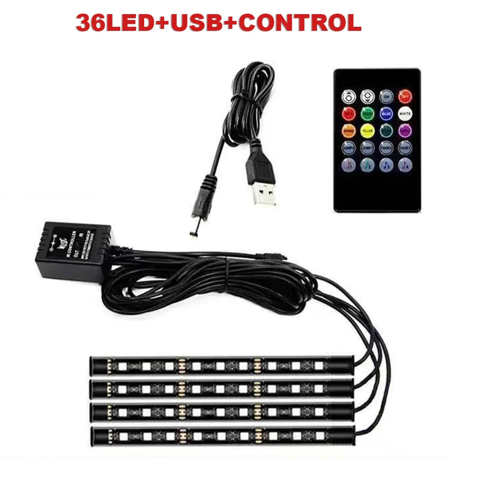 FanzyMarket 72 LED RGB car interior footwell ambient light strip with remote, voice, and app control, powered via USB or cigarette lighter.