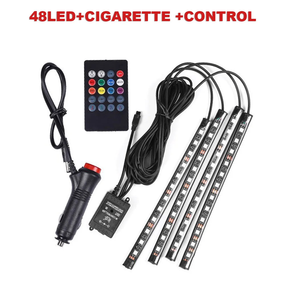 FanzyMarket RGB LED car interior footwell ambient light strip with remote, app, voice control, powered by USB or cigarette lighter.