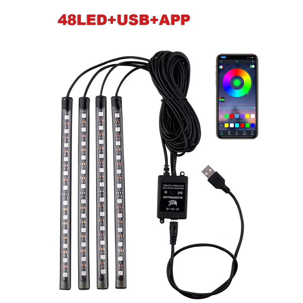 FanzyMarket 72 LED RGB car interior footwell ambient light strip with remote, app, voice control, USB or cigarette lighter power.