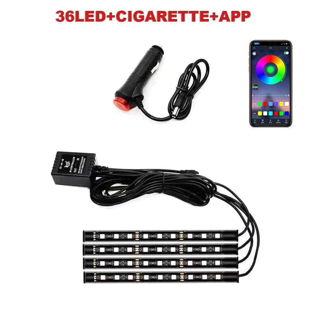 FanzyMarket 72 LED RGB car interior footwell ambient light strip with remote, voice, and app control, USB or cigarette lighter powered.