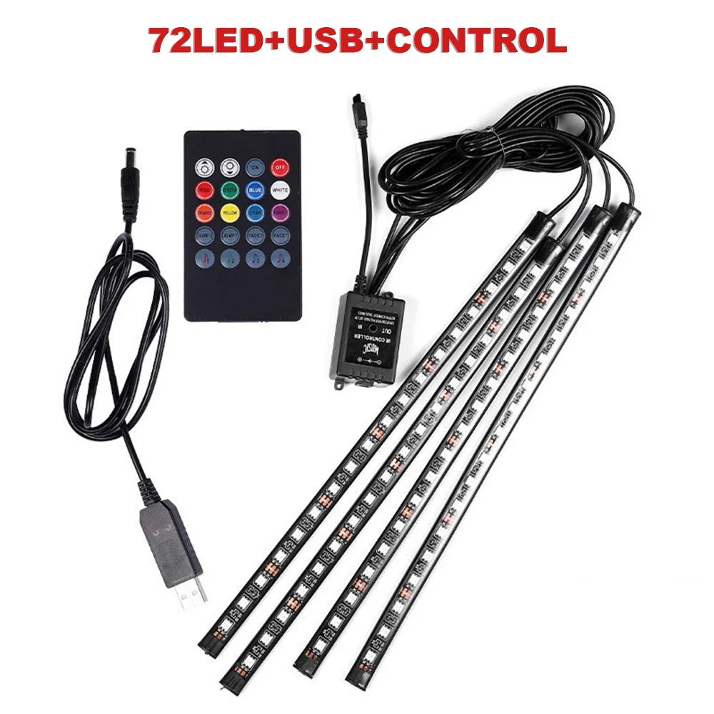 FanzyMarket RGB LED car interior footwell light strip with remote, voice, and app control, powered by USB or cigarette lighter.