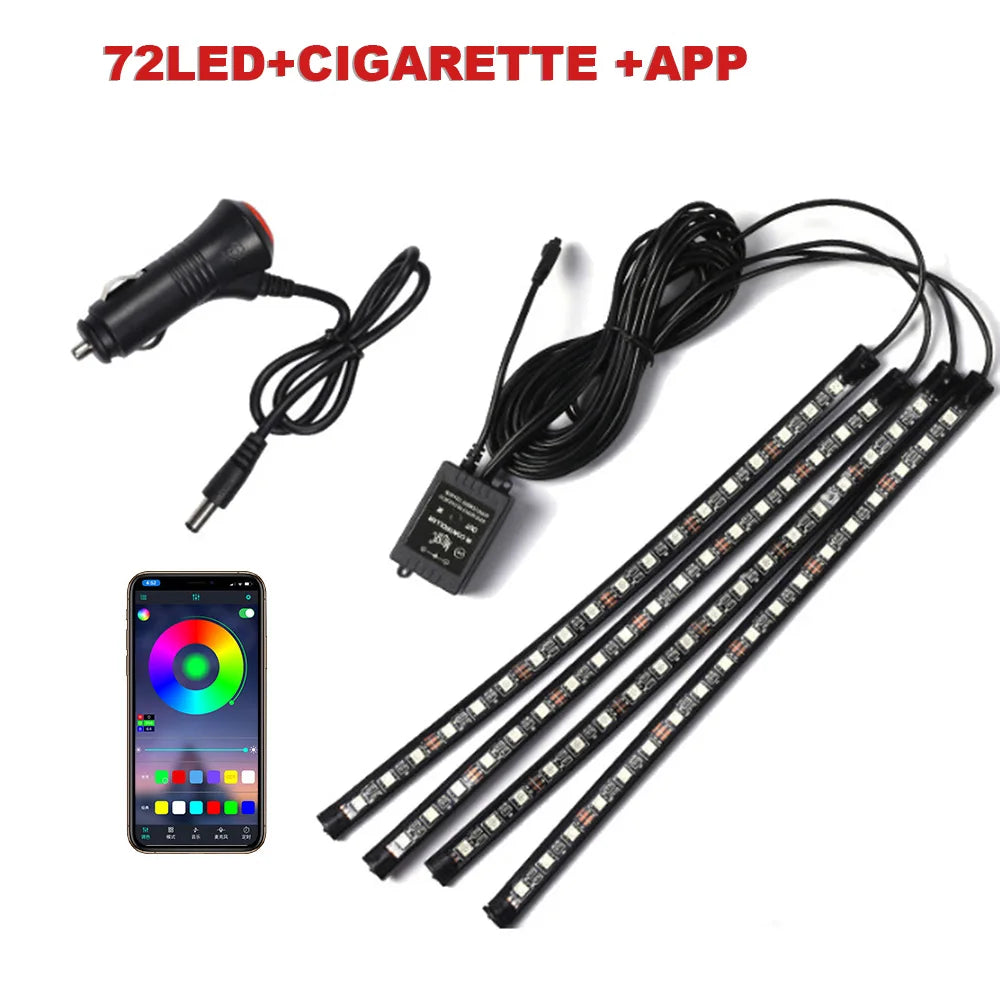 FanzyMarket 72-LED RGB car interior ambient light strip with remote, voice, and app control, USB or cigarette lighter powered.