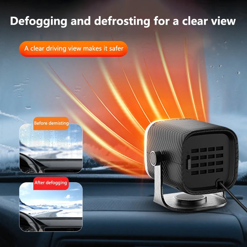 FanzyMarket 12V/24V car electric heater and cooling fan for windshield defogging and defrosting, black auto electronics device.