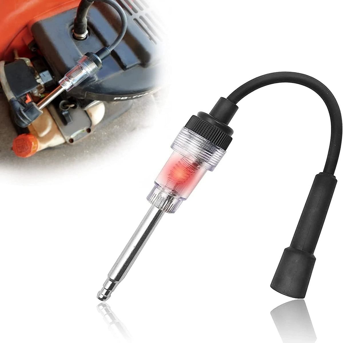 FanzyMarket 12V spark plug tester for cars, motorcycles, and lawn mowers, showing the device connected to an ignition coil.