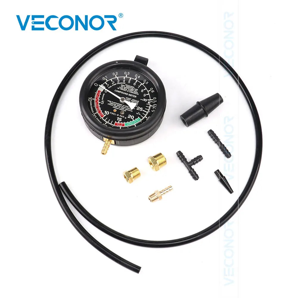 FanzyMarket automotive fuel pump pressure and vacuum gauge test kit with multiple diagnostic gauges for car engine testing.