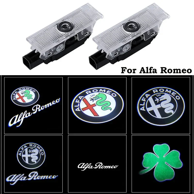 Two LED car door logo projector lights from FanzyMarket displaying logos on vehicle doors for Giulia, Giulietta, Stelvio, and more.