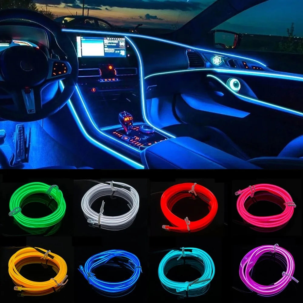 Flexible FanzyMarket LED Neon Strip for car interior, 5m auto ambient lighting with USB driver, ideal for DIY auto lighting upgrades.