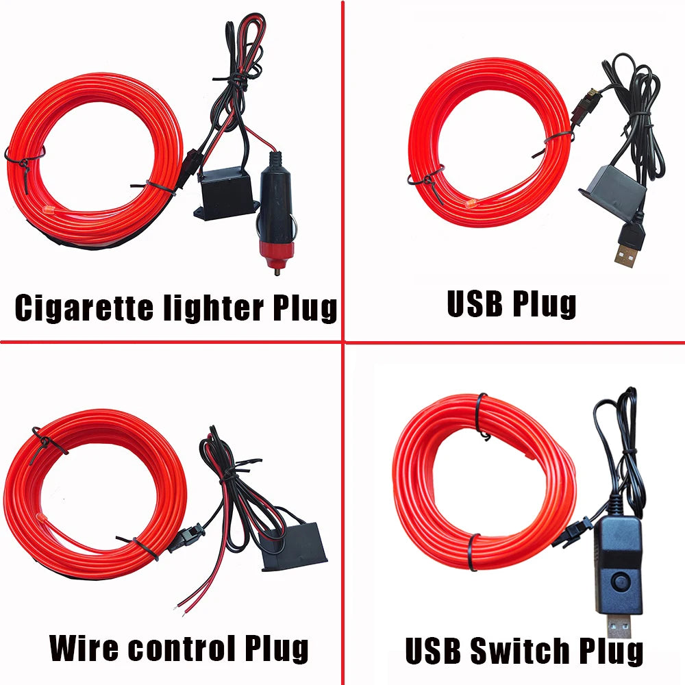 Flexible FanzyMarket LED EL Neon strip inside a car, showcasing colorful ambient lighting for DIY auto interior customization.
