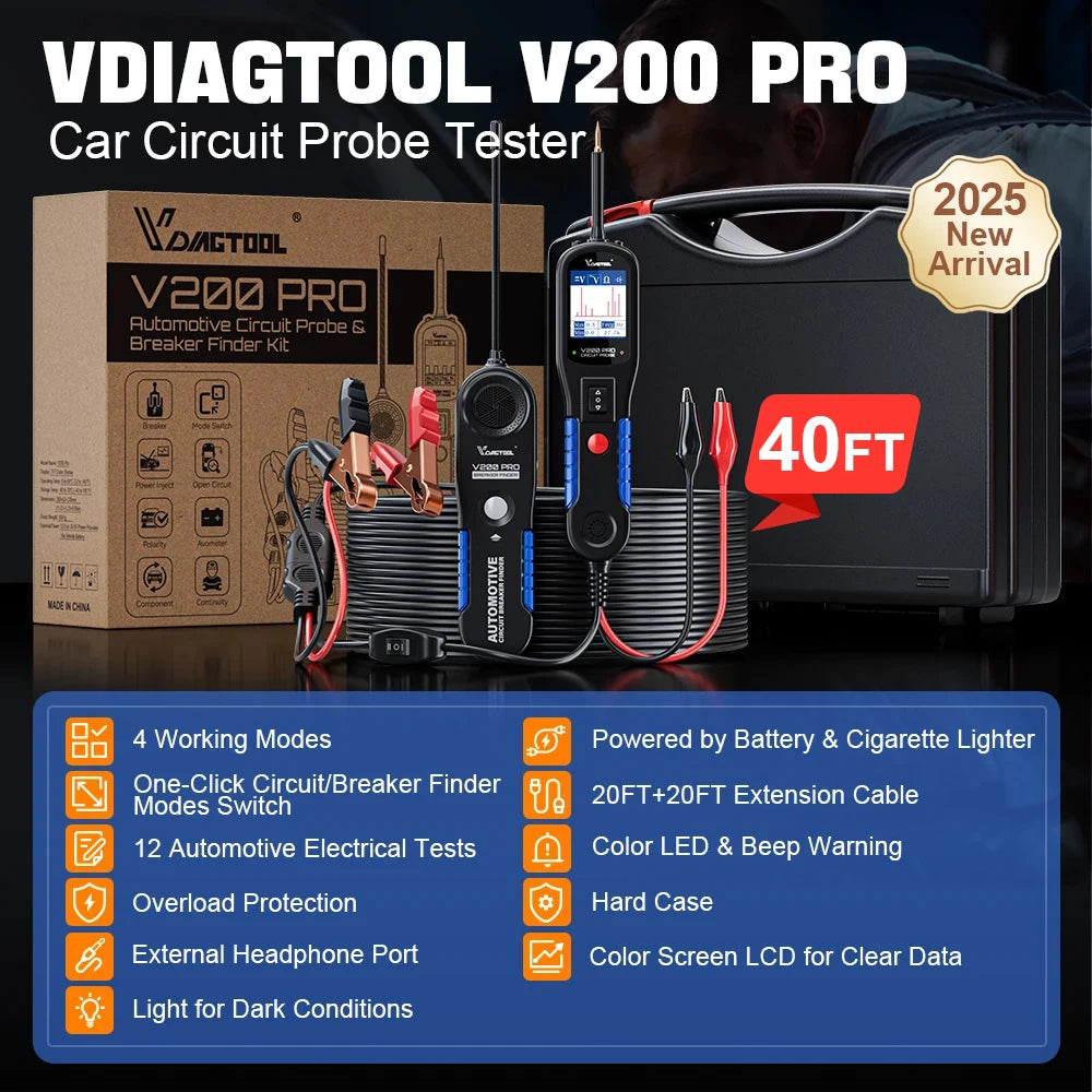 FanzyMarket 12/24V power probe car circuit tester with 40ft cable, relay, fuse, and breaker finder for auto and motorcycle electronics.