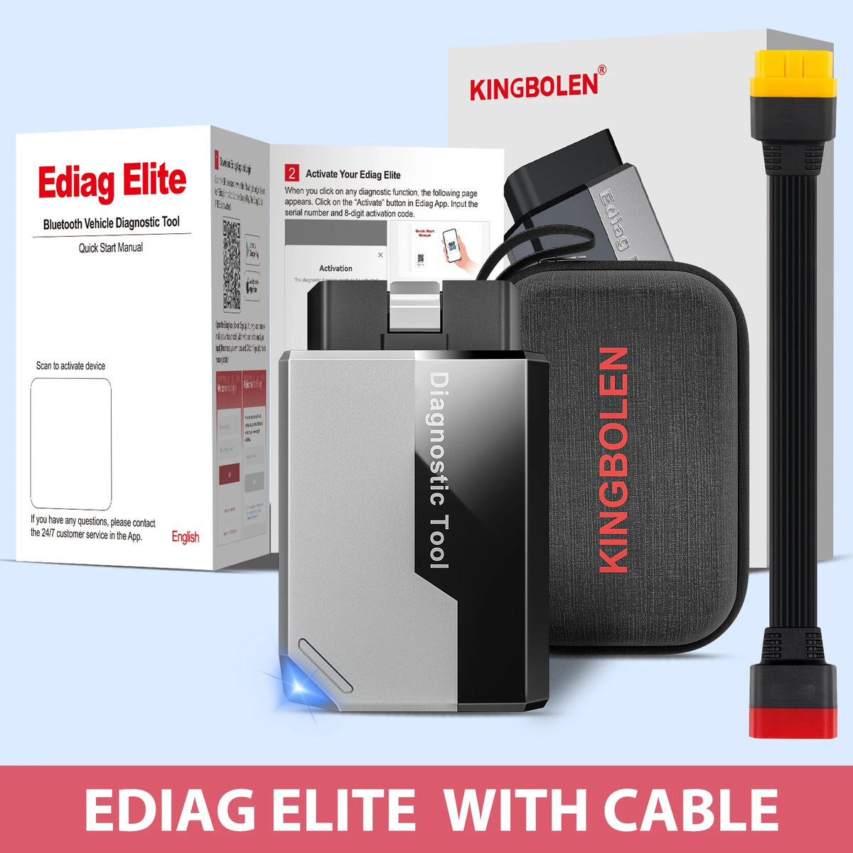 FanzyMarket Ediag Elite OBD2 Bluetooth car scanner with cables, showing device connected to vehicle for all-system diagnostics and reset functions.