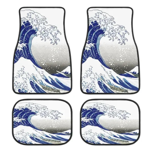 FanzyMarket Great Wave Off Kanagawa all-weather car floor mats set for SUVs, sedans, and trucks, featuring a vibrant wave design.