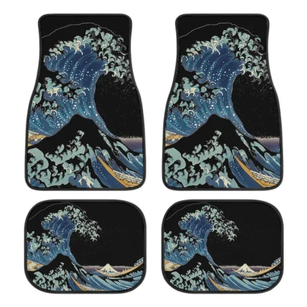 Great Wave Off Kanagawa themed all-weather car floor mats, 4-piece universal fit for SUVs, sedans, and trucks by FanzyMarket.