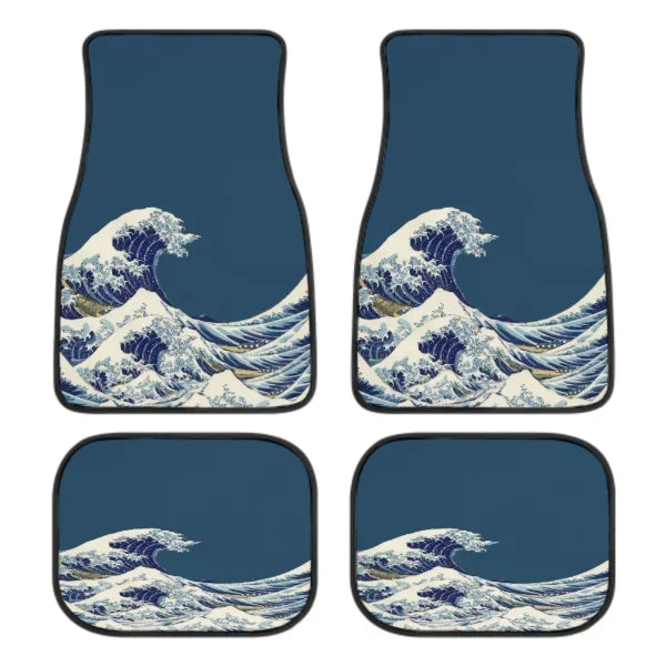FanzyMarket Great Wave Off Kanagawa 4-piece all-weather car floor mats, universal fit for SUVs, sedans, and trucks, with wave design.