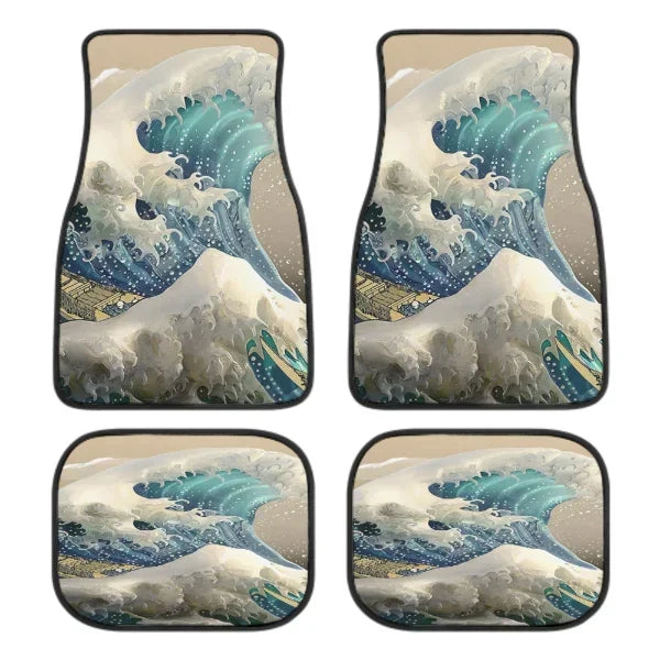 FanzyMarket Great Wave Off Kanagawa 4-piece all-weather car floor mats, universal fit for SUVs, sedans, and trucks, featuring wave design.