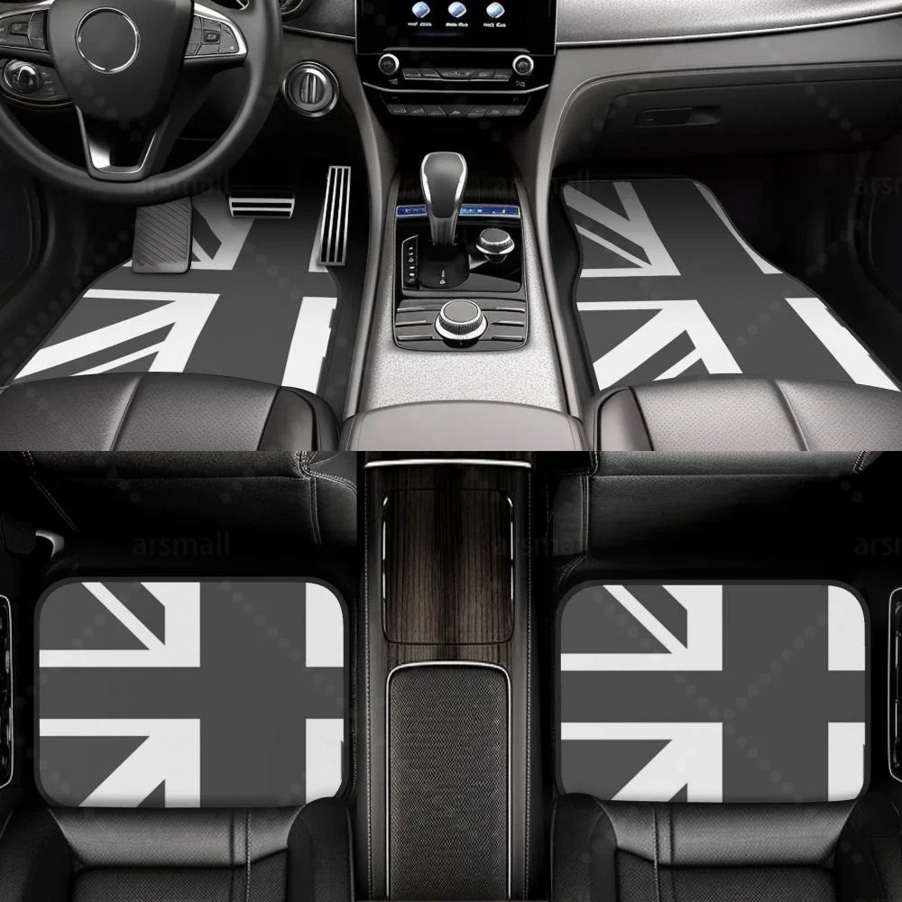 Custom fit FanzyMarket Union Jack car floor mats set for front and rear, non-slip, easy to clean, with vibrant flag design.