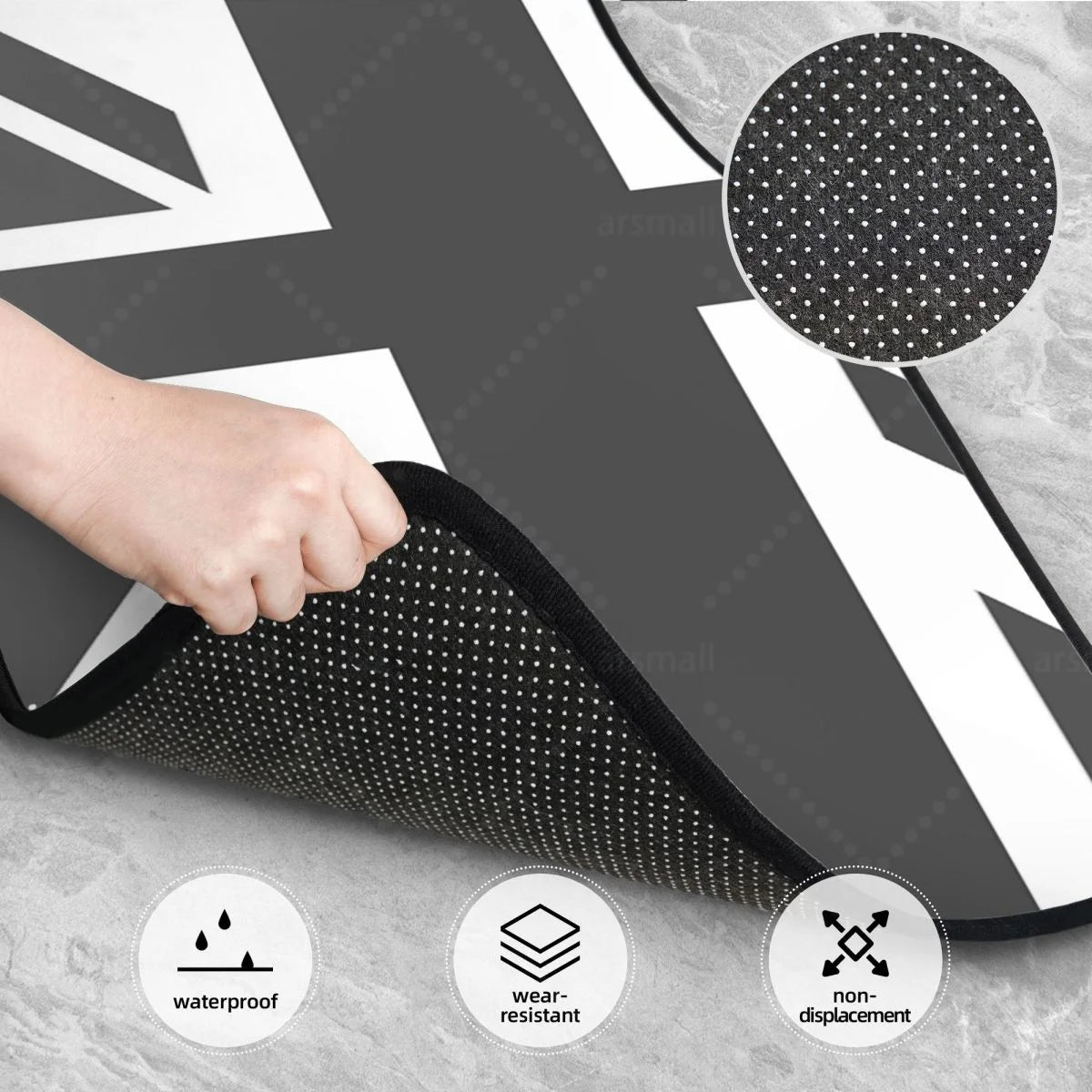 Custom fit car floor mats set with Union Jack flag design, non-slip surface, easy to clean, for front and rear vehicle interiors.