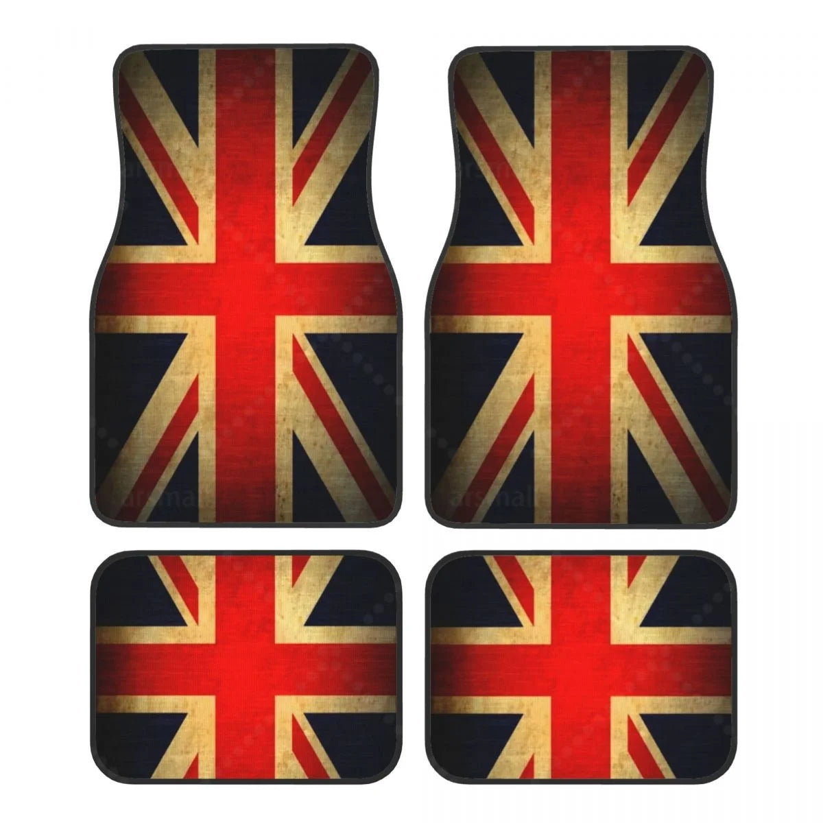 Custom fit Union Jack car floor mats set for front and rear, non-slip, easy to clean, designed for auto interior protection.