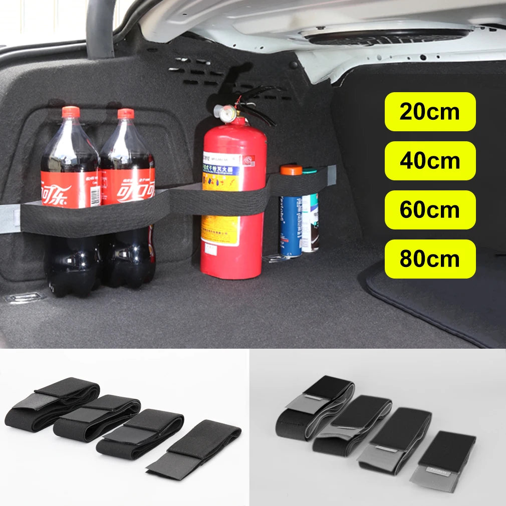 FanzyMarket black car trunk organizer elastic fixing strap with hook-and-loop, adjustable 20-80 cm, made of suede for secure storage.