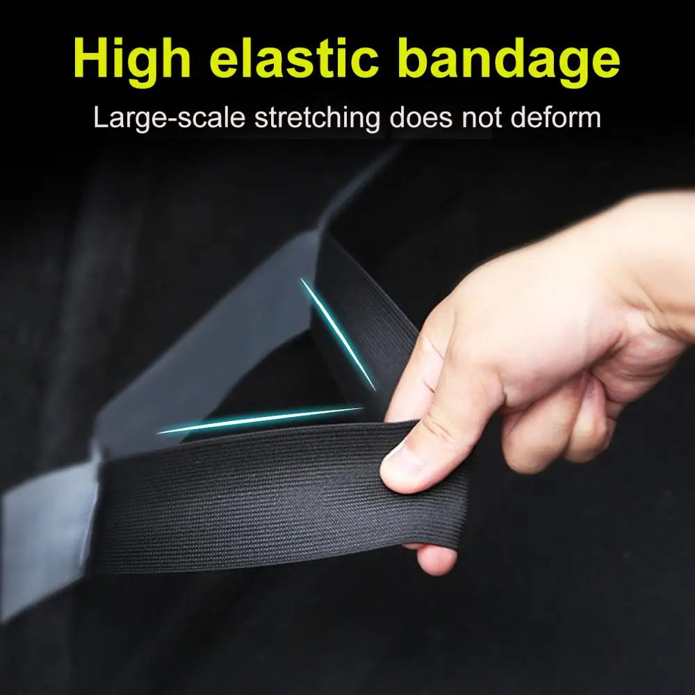 FanzyMarket black car trunk organizer elastic fixing strap with hook-and-loop, adjustable lengths 20-80cm for secure storage.