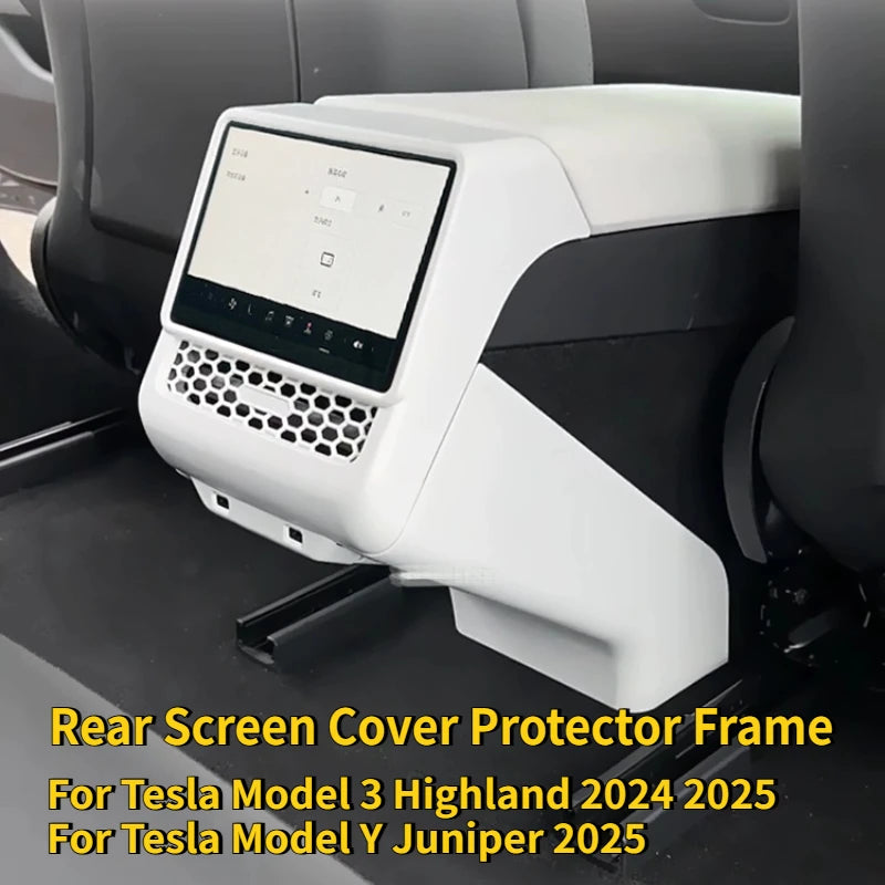 White ABS rear screen cover protector frame with air vent trim for Model Y Juniper, car interior accessory by FanzyMarket.