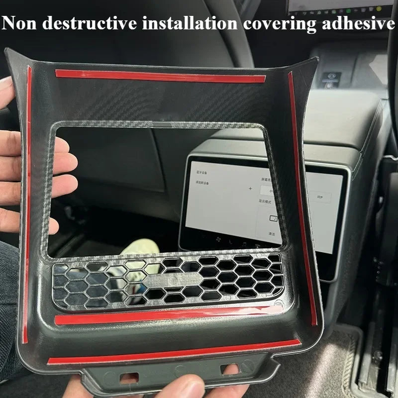 White ABS rear screen cover protector frame with air vent trim for Tesla Model Y Juniper, interior car accessory by FanzyMarket