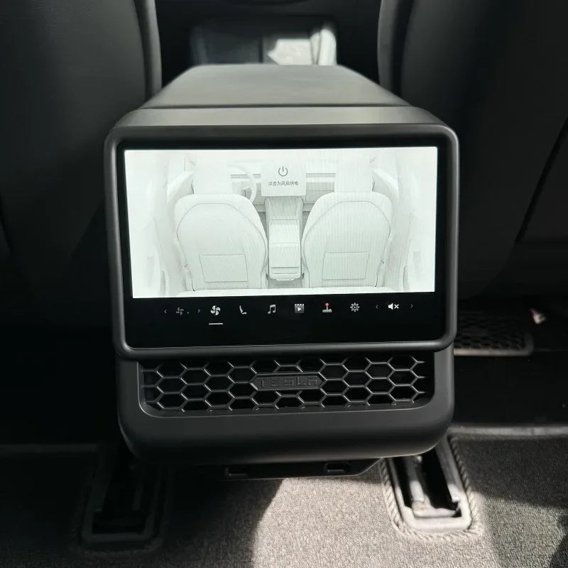 White ABS rear screen cover protector frame with air vent trim for Tesla Model Y Juniper interior, by FanzyMarket.