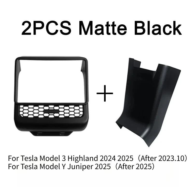 White ABS rear screen cover protector frame with air vent trim for Tesla Model Y interior, designed by FanzyMarket.
