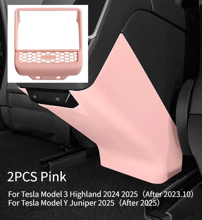 White ABS rear screen cover protector frame for Model Y Juniper, enhances interior with air vent trim accessory by FanzyMarket.