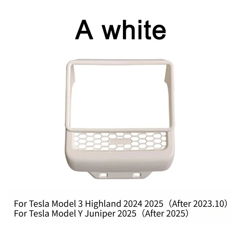 White ABS rear screen cover protector frame with air vent trim for Model Y Juniper interior, by FanzyMarket.