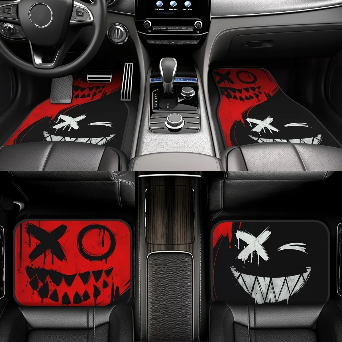 Four black and red Halloween-themed car floor mats, all-weather, non-slip, durable, designed for vehicle interior protection.
