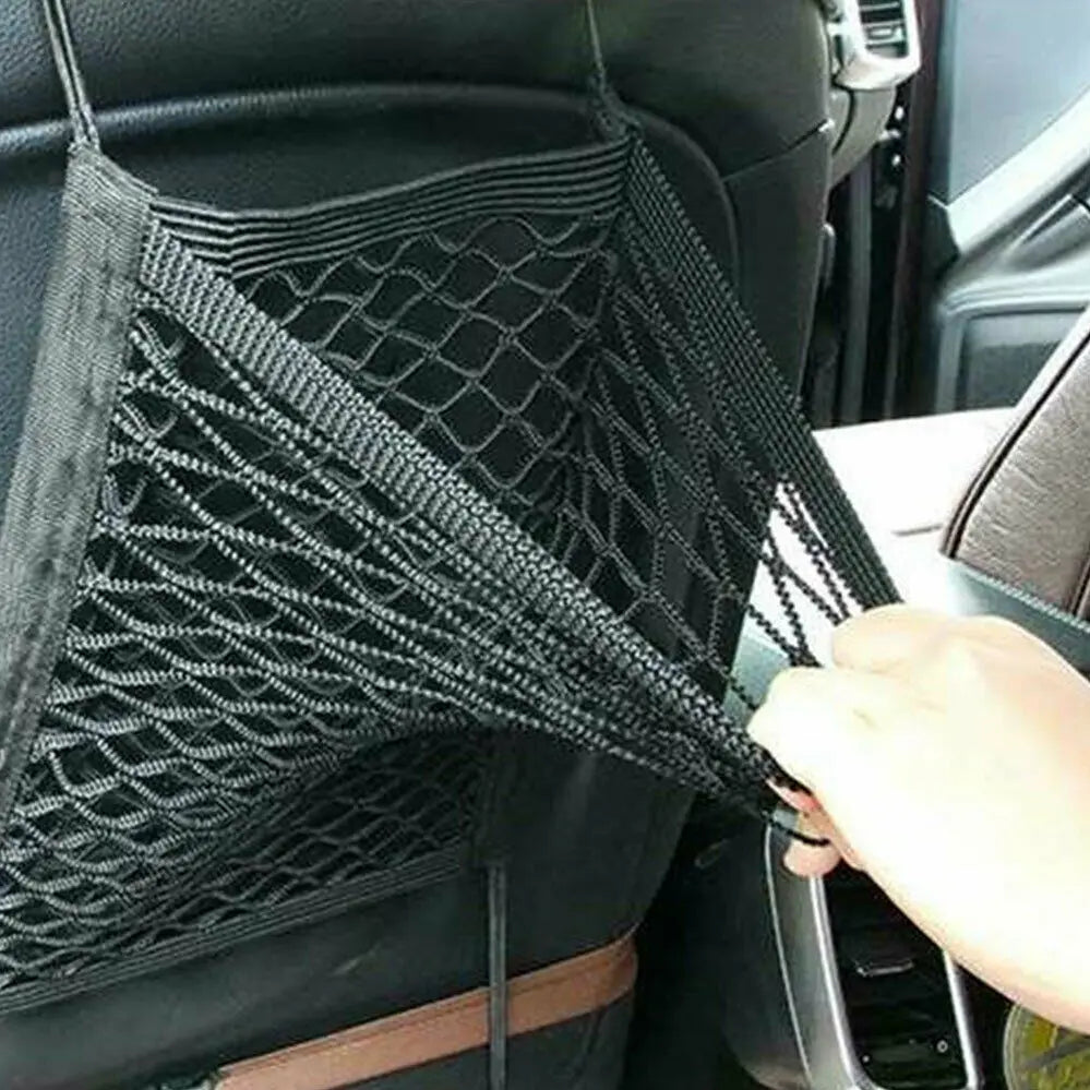 FanzyMarket black car seat back mesh storage organizer with elastic pocket, 30x23 cm, for vehicle interior organization.