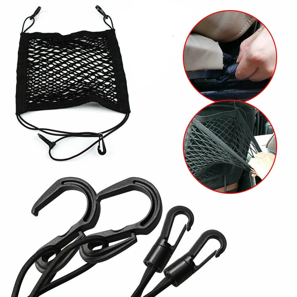 FanzyMarket car seat back mesh storage organizer with elastic pocket, black interior organizer for auto and moto use.