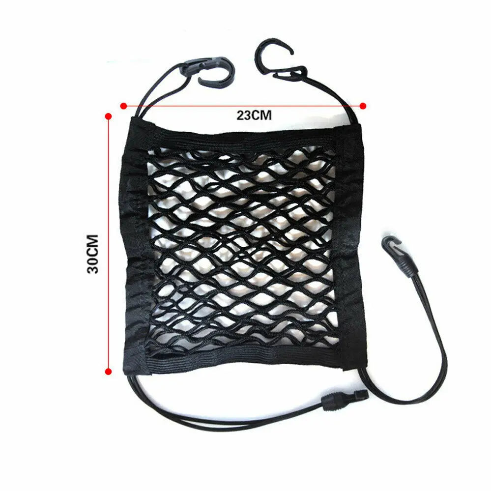 FanzyMarket car seat back mesh storage organizer with elastic pocket, black interior accessory for auto and moto use.