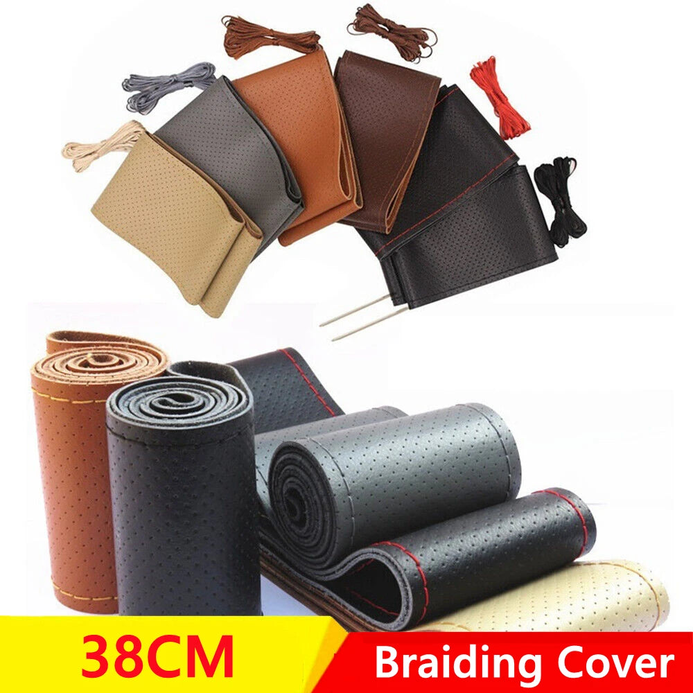 Black FanzyMarket braided microfiber leather steering wheel cover, 15-inch, wear-resistant grip for auto and moto interior use.
