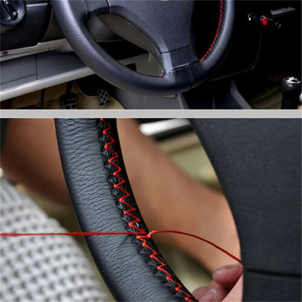 FanzyMarket braided microfiber leather steering wheel cover, 15-inch size, wear-resistant grip, fits auto and moto interiors.