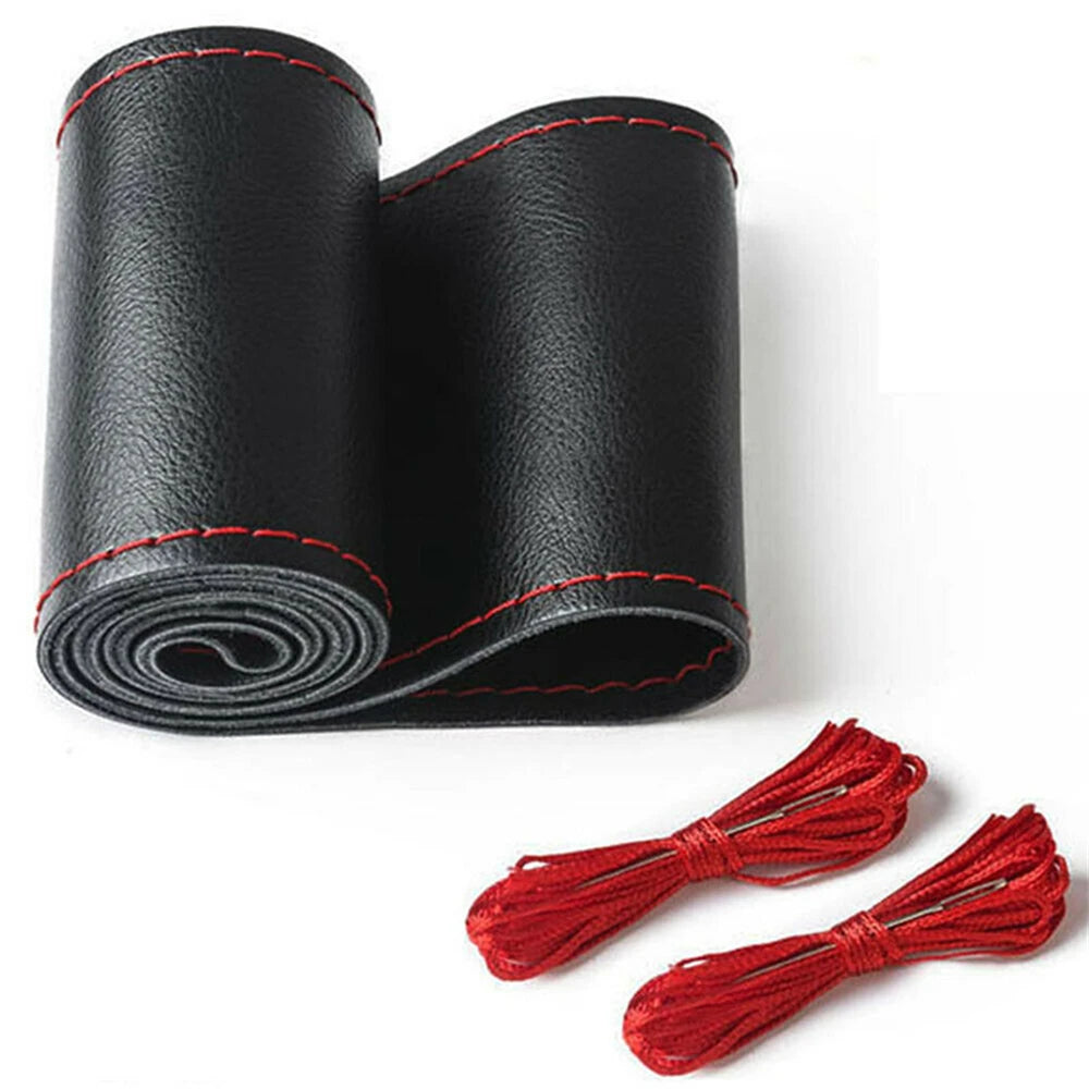 FanzyMarket braided microfiber leather steering wheel cover, 15-inch, wear-resistant grip for auto interior enhancement.