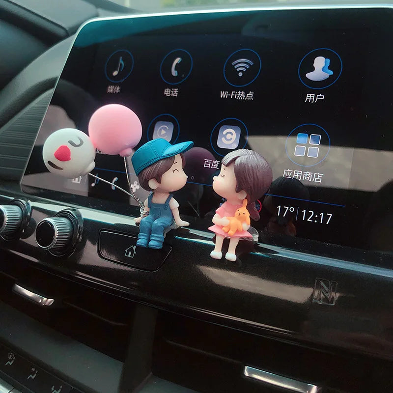 Cute cartoon couple car dashboard figurines with romantic balloon ornament, FanzyMarket auto interior accessory for car decoration.