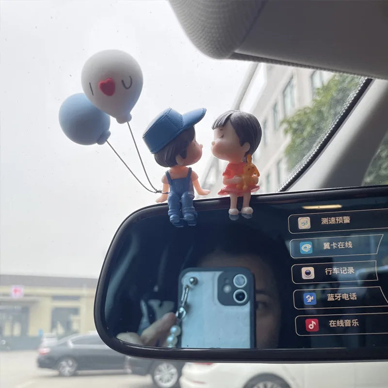 Cute cartoon couple car dashboard figurines with romantic balloons, FanzyMarket interior ornament for auto and moto decor.