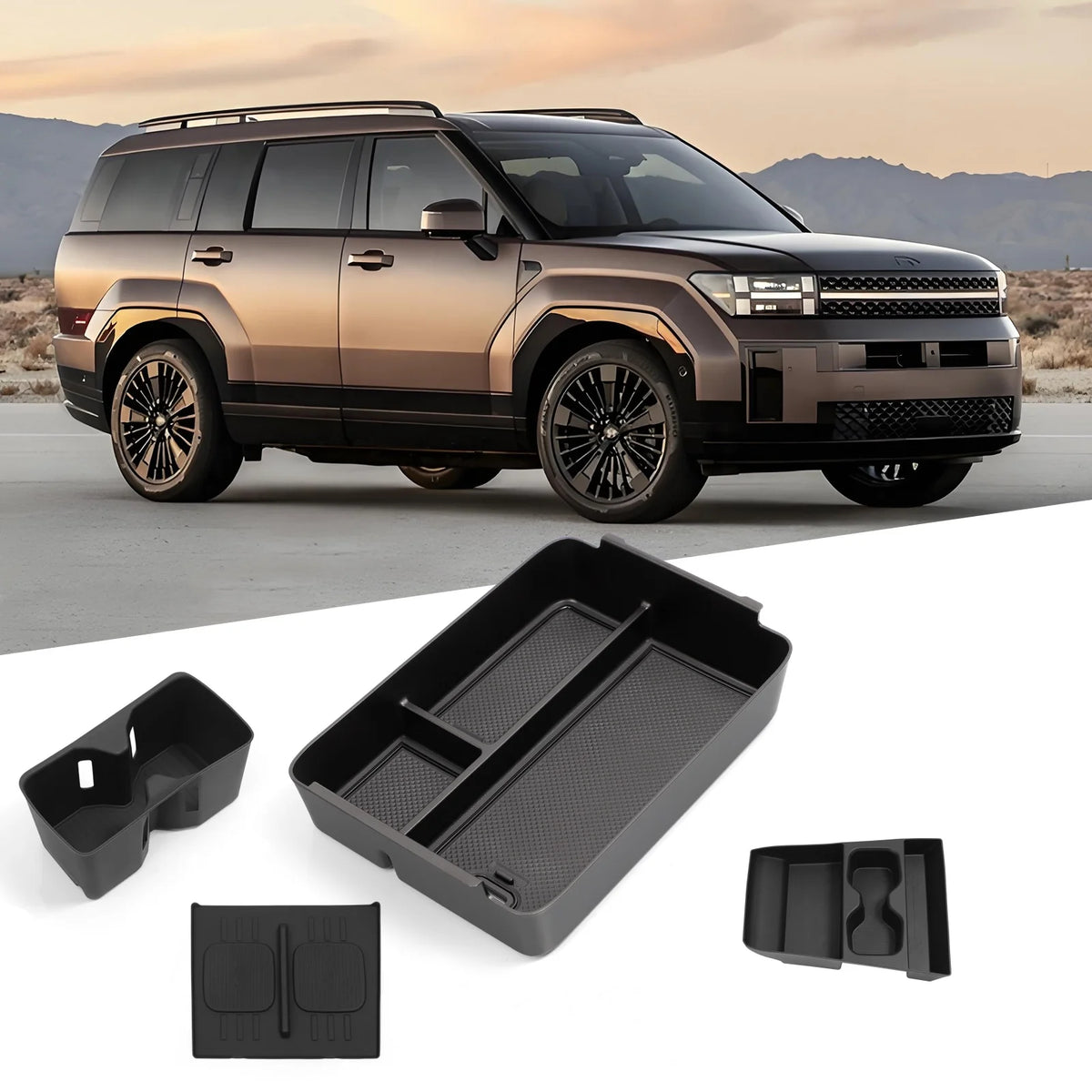 Black FanzyMarket armrest storage box and cup holder organizer for car interior, featuring anti-dirt pad and convenient storage.