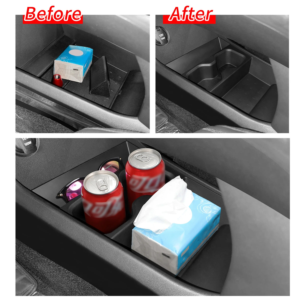 Black armrest storage box and cup holder organizer for car interior, anti-dirt pad, FanzyMarket auto and moto interior accessory
