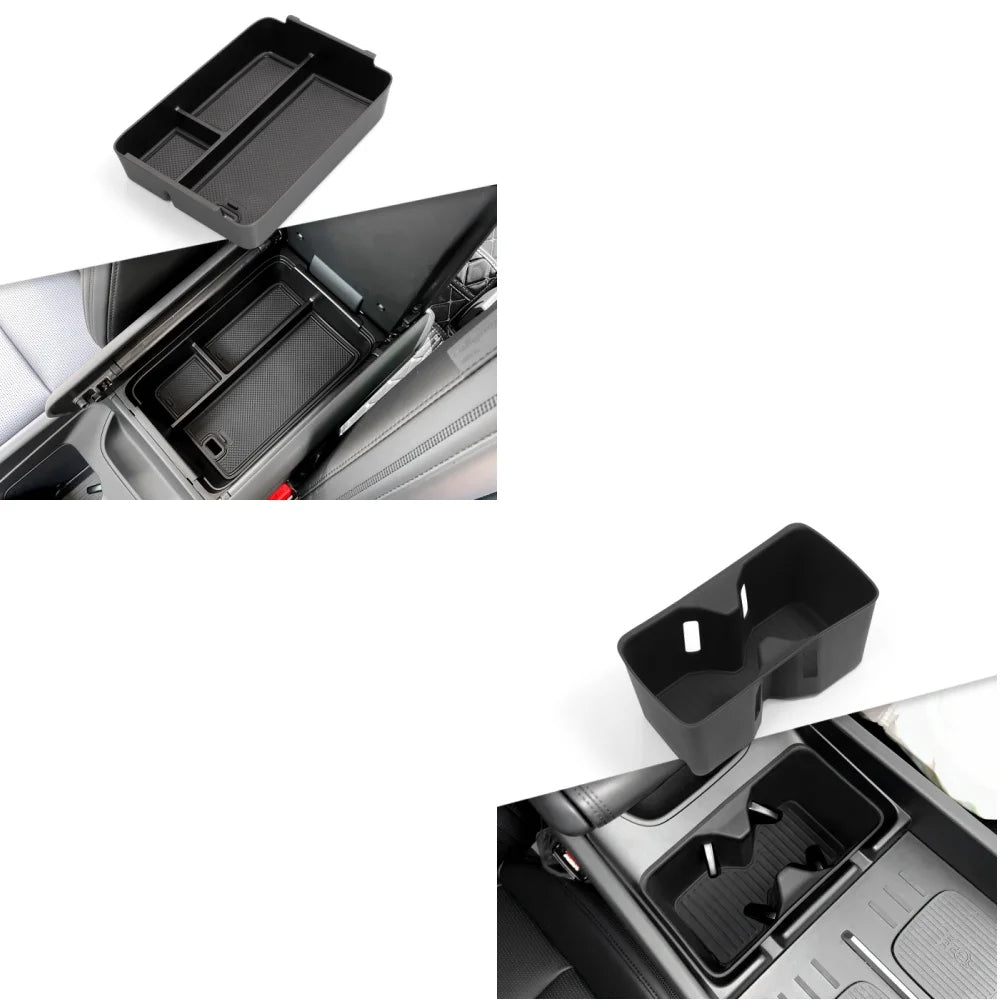 Black FanzyMarket armrest storage box with cup holder and anti-dirt pad, designed for car interior organization and convenience.