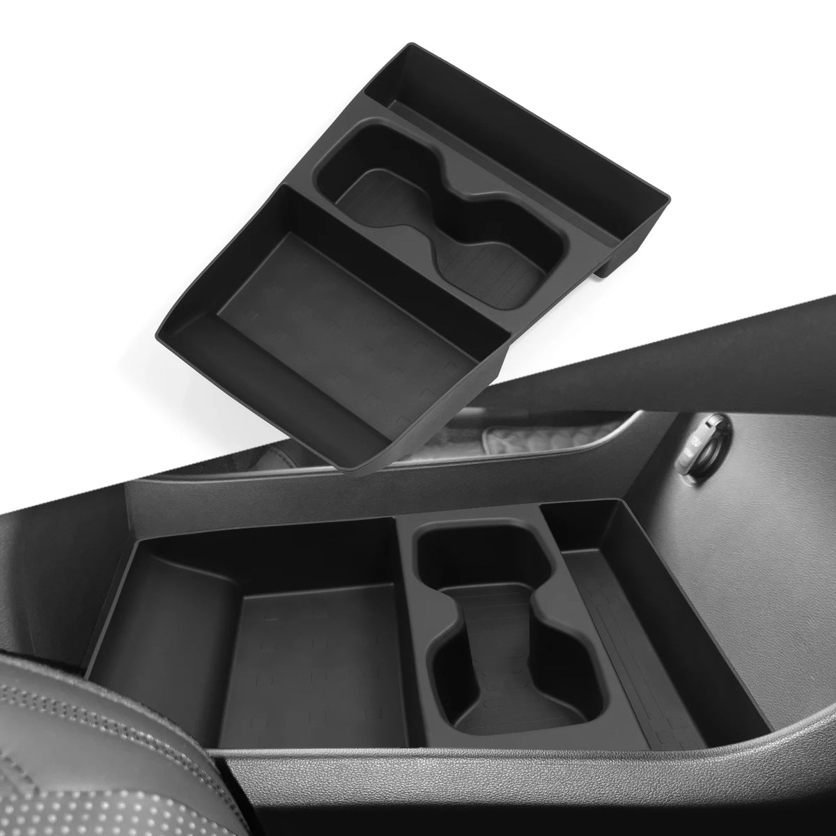 Black FanzyMarket armrest storage box and cup holder organizer for car interior, anti-dirt pad, fits in auto and moto vehicle interior.