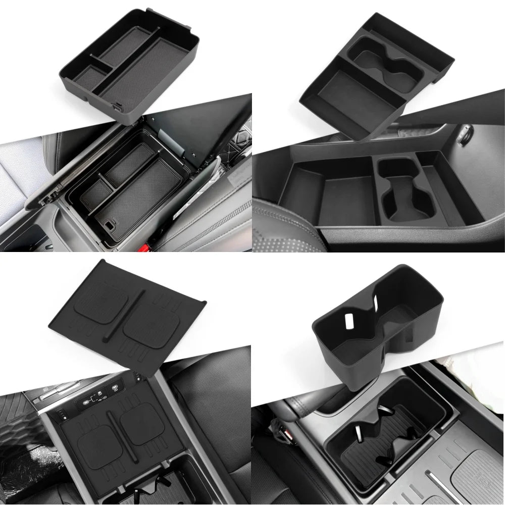 Black FanzyMarket armrest storage box and cup holder organizer with anti-dirt pad for car interior, fits auto and moto interiors.