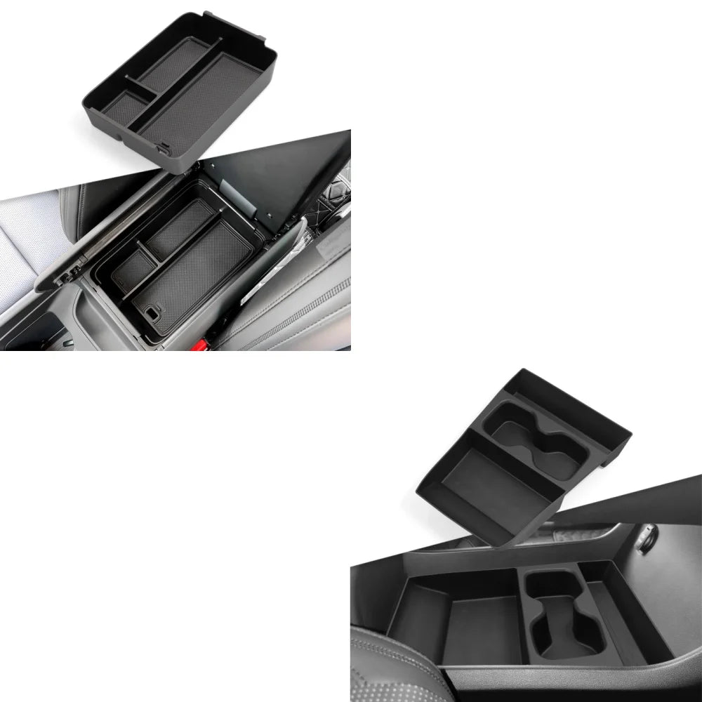 Black FanzyMarket armrest storage box and cup holder organizer for car interior, with anti-dirt pad and compact design.