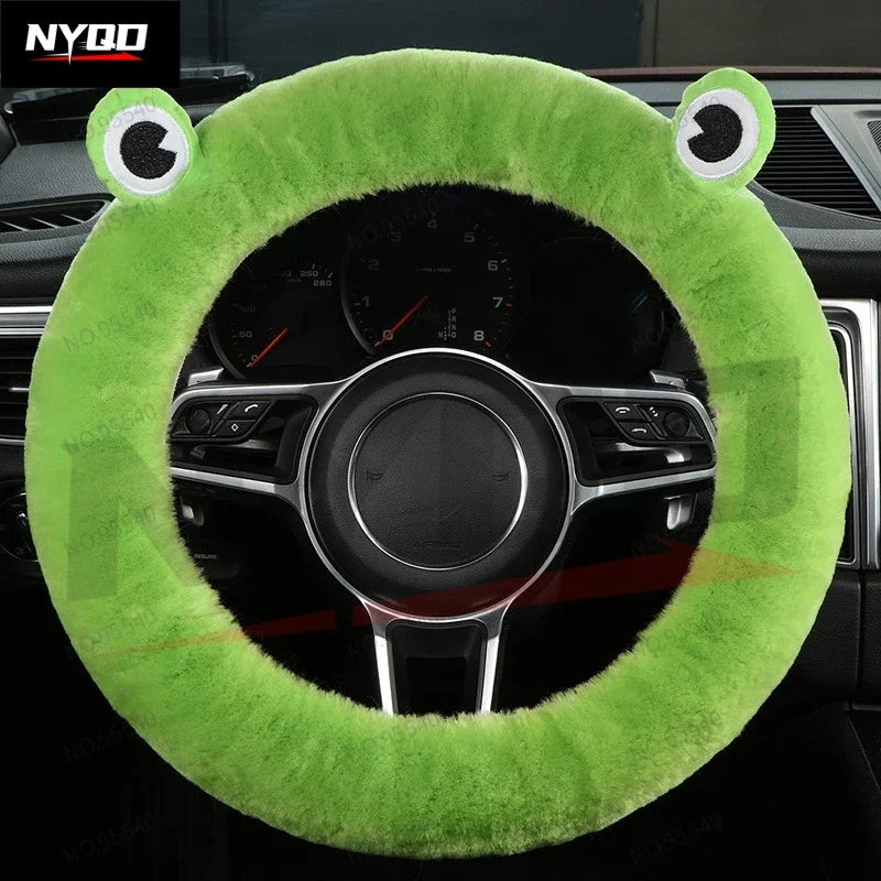 FanzyMarket plush wool steering wheel cover featuring a cartoon frog design, fits 35-42 cm car steering wheels, short fur texture.