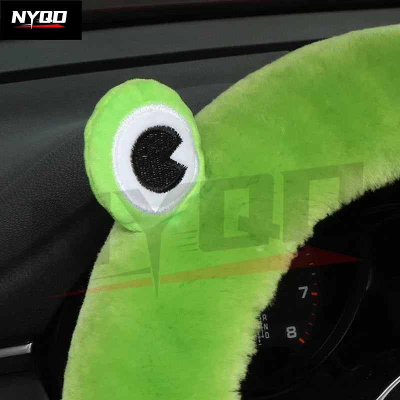 FanzyMarket plush wool cartoon frog steering wheel cover fits 35–42 cm, featuring short fur and playful frog design for car interior.