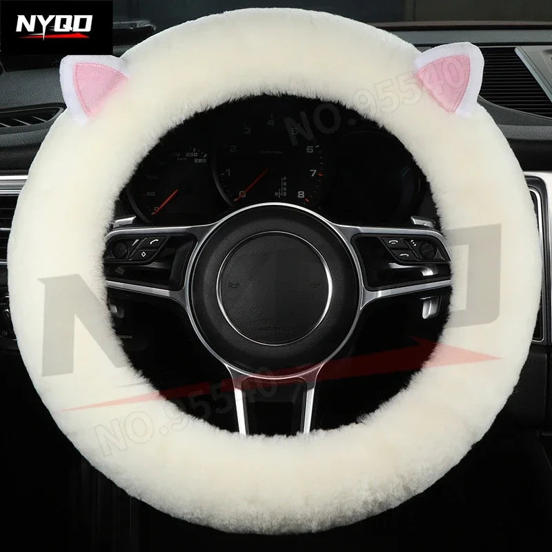 FanzyMarket plush wool steering wheel cover with cartoon frog design, short fur, fits 35–42 cm car steering wheels.