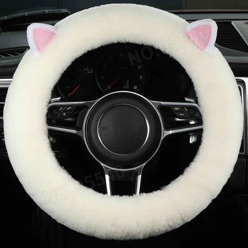 FanzyMarket plush wool steering wheel cover featuring a cartoon frog design, fits 35-42 cm car steering wheels.